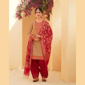 Biege Cotton Silk Patiala Suit with Benaresi Dupatta